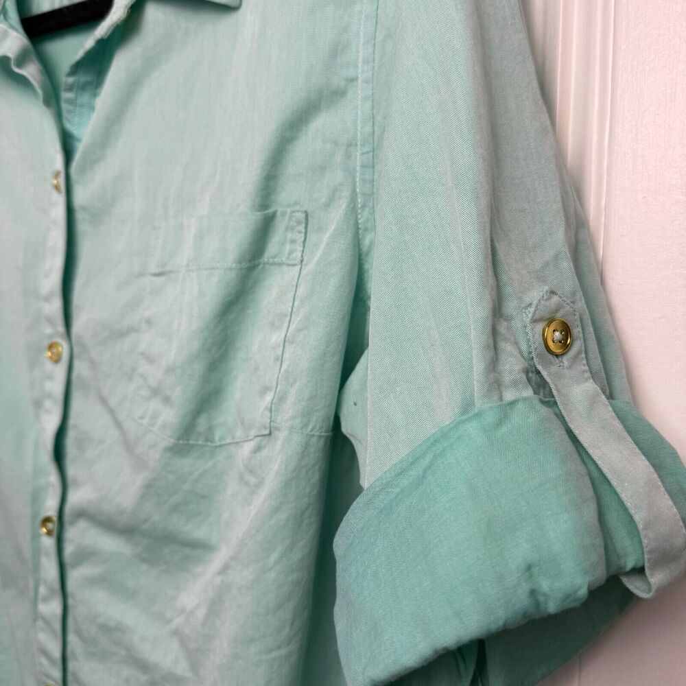 Jones New York Shirt Womens XL Turquoise Button Up Roll Tab Sleeve Cotton Top - Picture 3 of 7